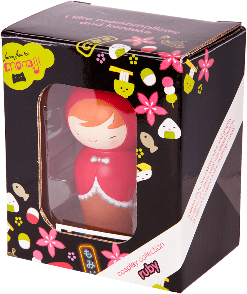 Ruby Momiji doll in a red cape, presented in a floral-patterned box with space for a secret message inside. — Momiji doll