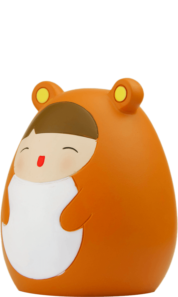Donut Momiji doll: round, with an orange bear costume, closed-eye smile, kawaii style; collectible with secret message inside. — Momiji doll