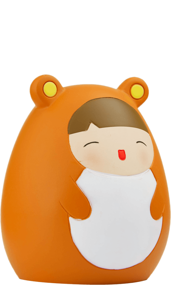 Donut Momiji doll in an orange bear suit, smiling with closed eyes and holding its white belly; kawaii collectible figure. — Momiji doll