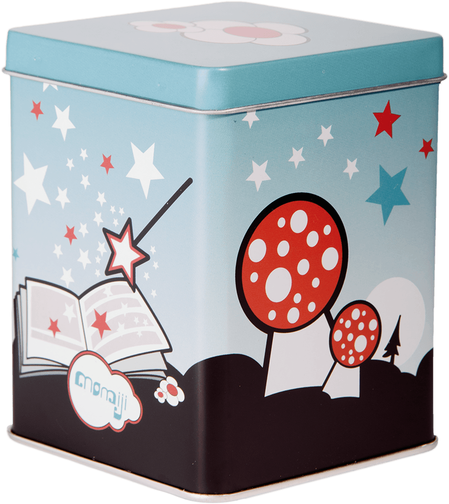 Mabel Momiji doll tin: square, features red mushrooms, white stars, and an open book; a kawaii collectible keepsake box. — Momiji doll