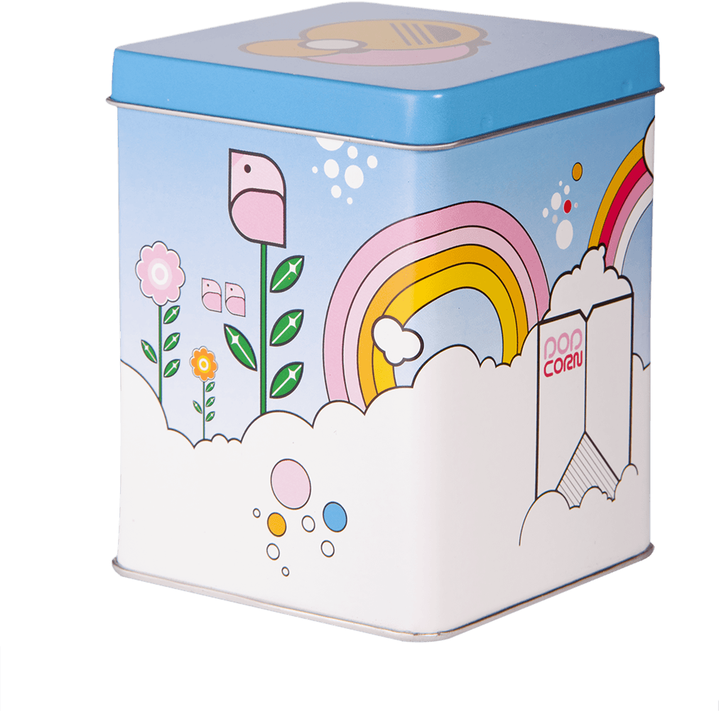 Sonny Momiji doll tin box with rainbows, flowers, clouds, and "popcorn" text—vibrant collectible gift. — Momiji doll