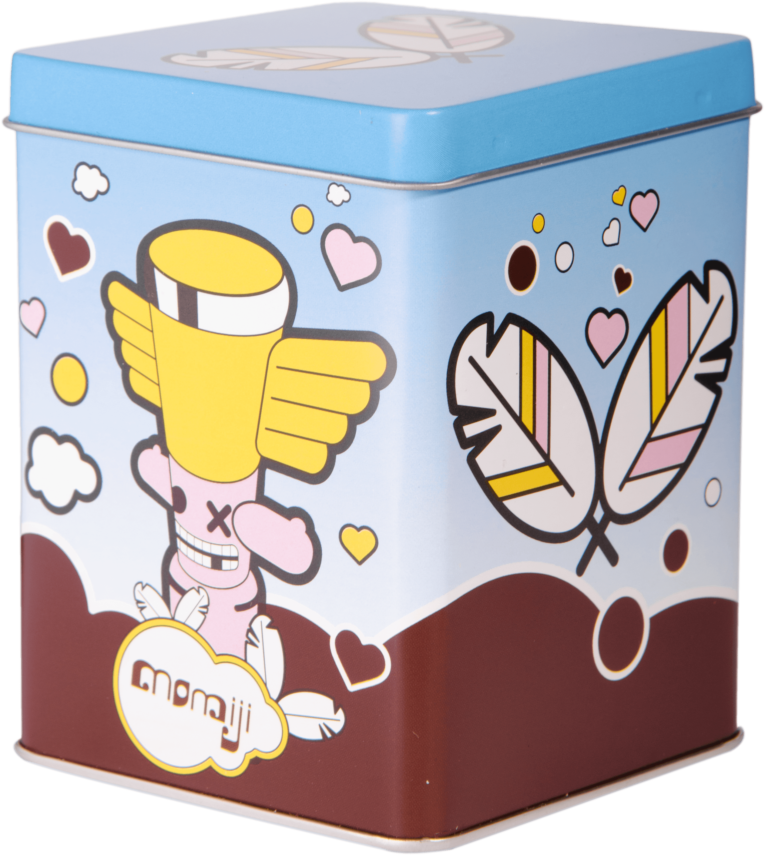 Souzi square tin with wings, hearts, and a Momiji doll character in a yellow helmet on blue and brown background. — Momiji doll
