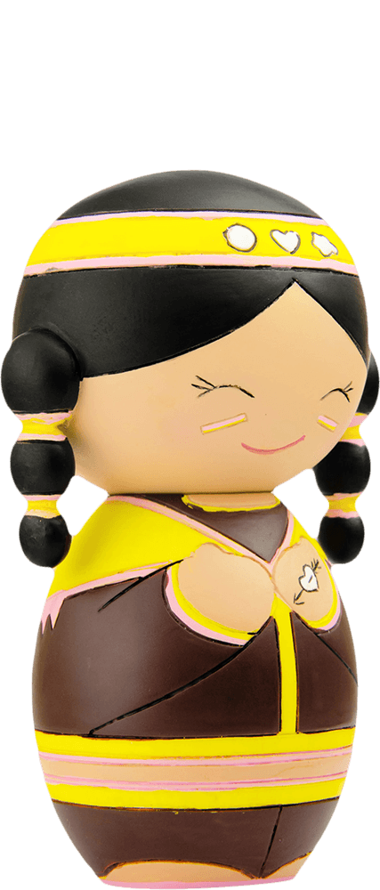 Souzi Momiji doll with black pigtails, yellow headband, brown-yellow outfit, and a sweet smile. — Momiji doll