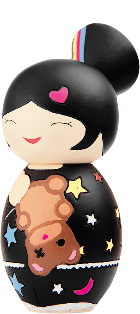 Nani Momiji doll with black bun, sweet smile, teddy bear, and decorated with stars and hearts; collectible and giftable. — Momiji doll