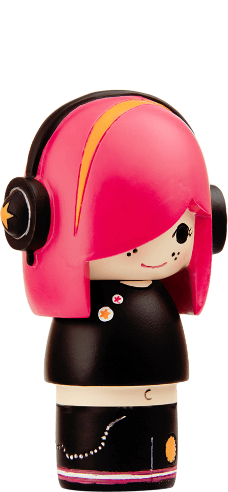 Luca Momiji doll with pink hair, headphones, black outfit, freckles, and a small smile—collectible with hidden message inside. — Momiji doll