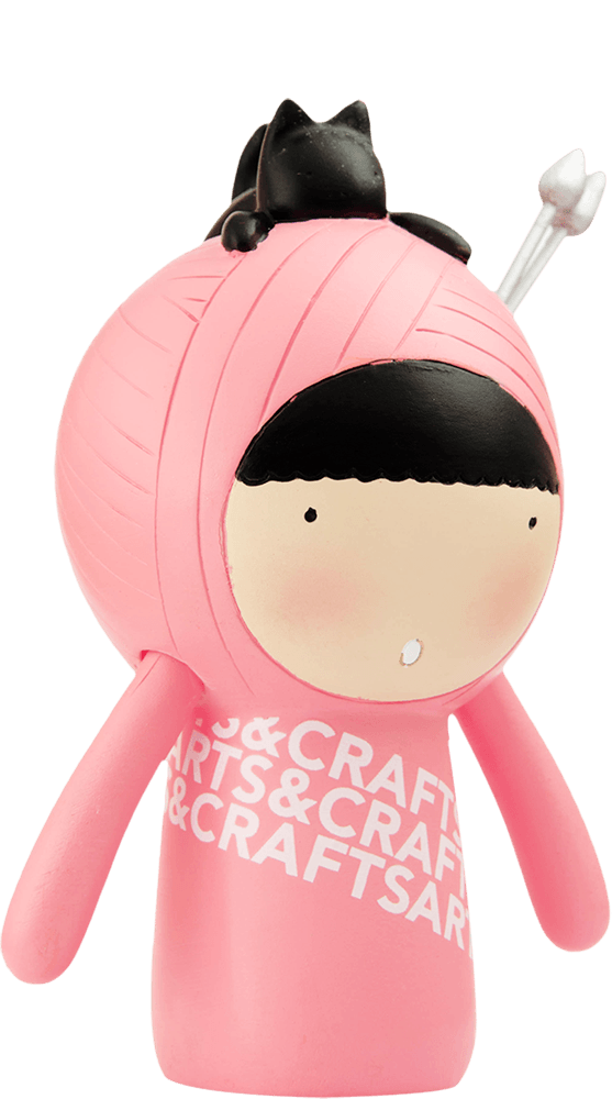 Purrl Momiji doll: Pink kawaii collectible with black hair, cat hood, arrow detail, “CRAFTS&ARTS” on body. — Momiji doll