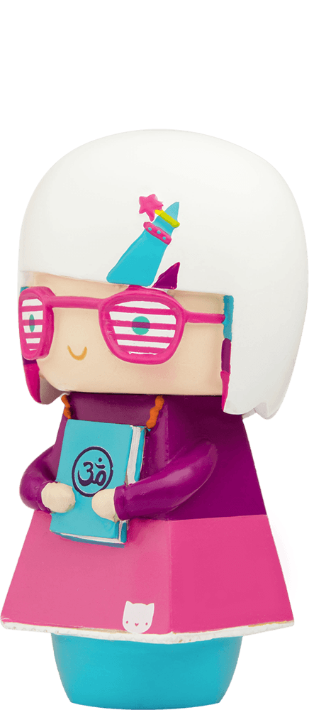 Enid Momiji doll with white hair, pink glasses, and a blue book, featuring signature kawaii style and hidden message inside. — Momiji doll