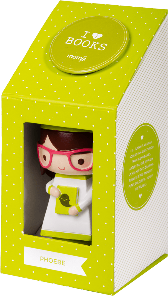 Phoebe Momiji doll with glasses and book, in green I ♥ BOOKS gift box with white polka dots. — Momiji doll