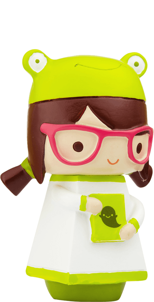 Phoebe Momiji doll wearing glasses and a green frog hat, holding a green book with a smiley face. — Momiji doll