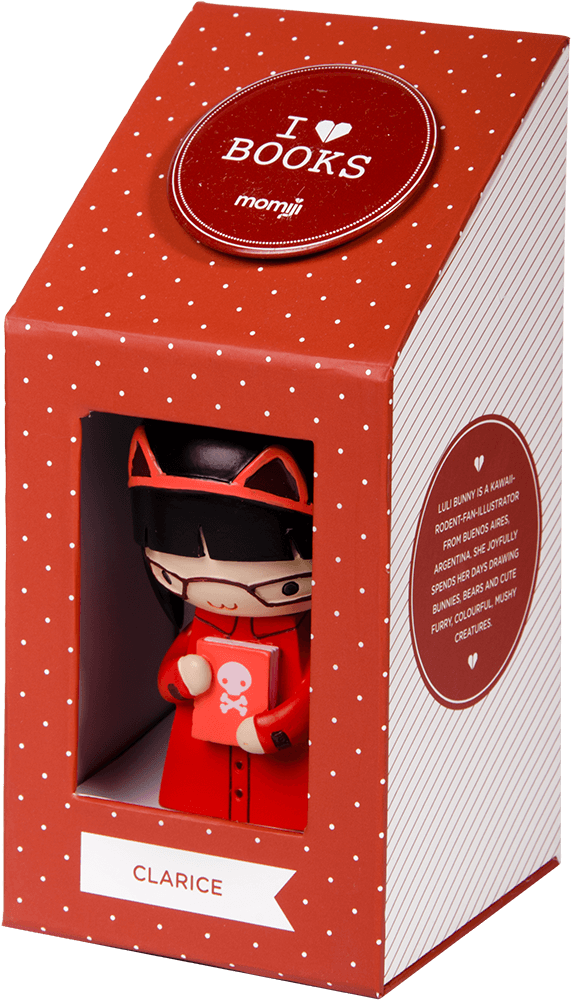 Clarice Momiji doll with glasses and cat ears is in a kawaii red box with white polka dots. Collectible, cute, vinyl figure. — Momiji doll