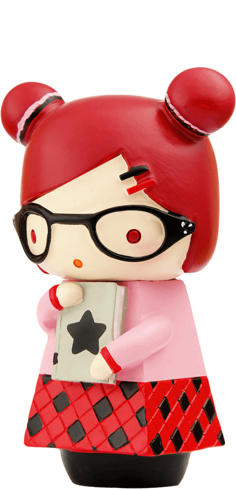 Alex Momiji doll with red hair, glasses, pink top, plaid skirt, and holding a star book—a collectible kawaii gift. — Momiji doll