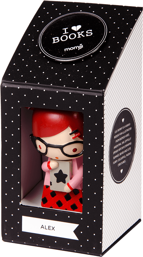 Boxed Momiji doll Alex with red hair, glasses, holding a book. Packaging says I ♥ Books and momiji; kawaii collectible. — Momiji doll