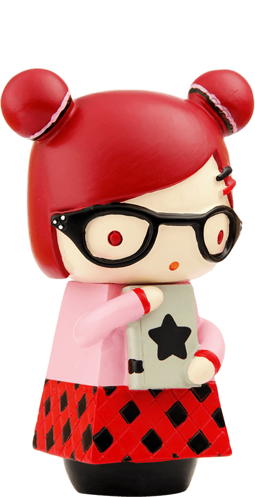 Momiji doll Alex with red hair, glasses, pink top, red-checkered skirt, and holding a yellow book with a star. — Momiji doll