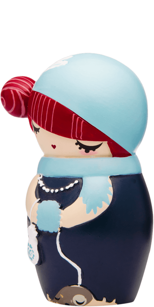 Billie D Momiji doll with bright red hair, blue headscarf, dark dress, and holding a string. Collectible and kawaii. — Momiji doll
