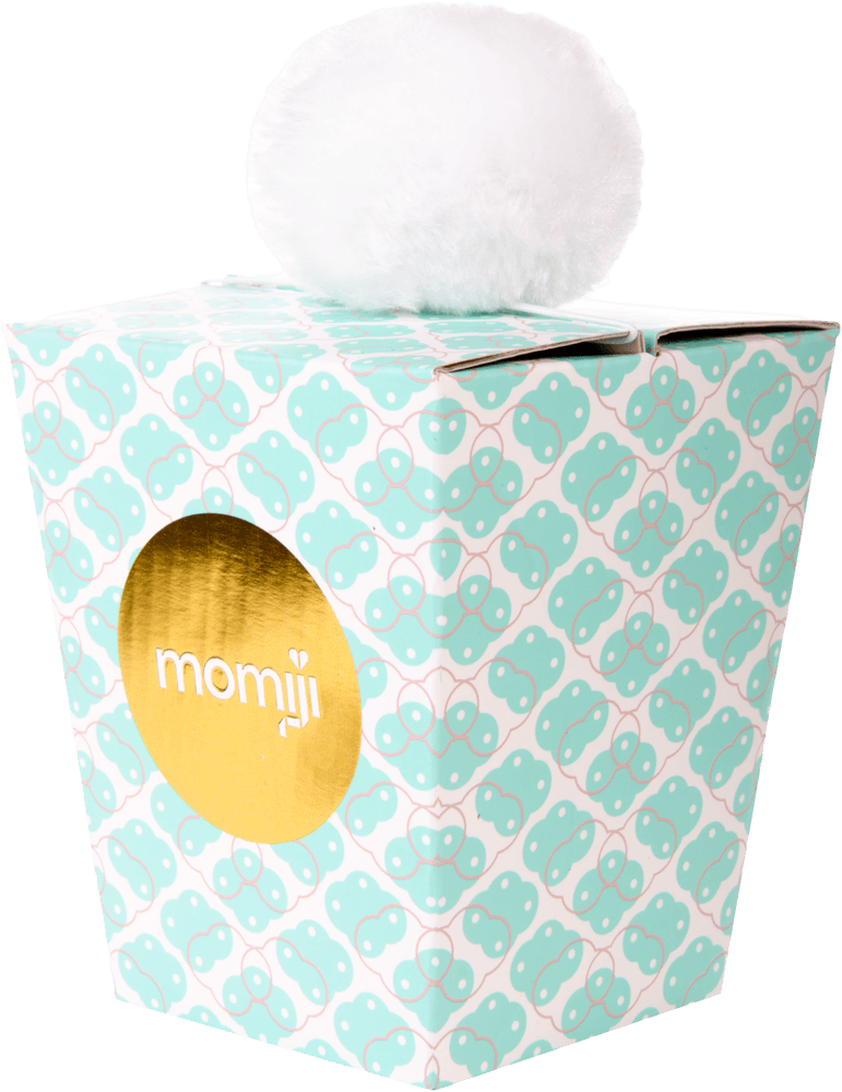 Anny O Momiji doll gift box in light blue pattern with gold Momiji label and white fluffy pom-pom accent. — Momiji doll