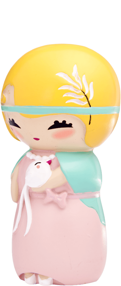 Anny O Momiji doll with yellow hair, blue headband, pink dress, and a tiny white animal companion. — Momiji doll
