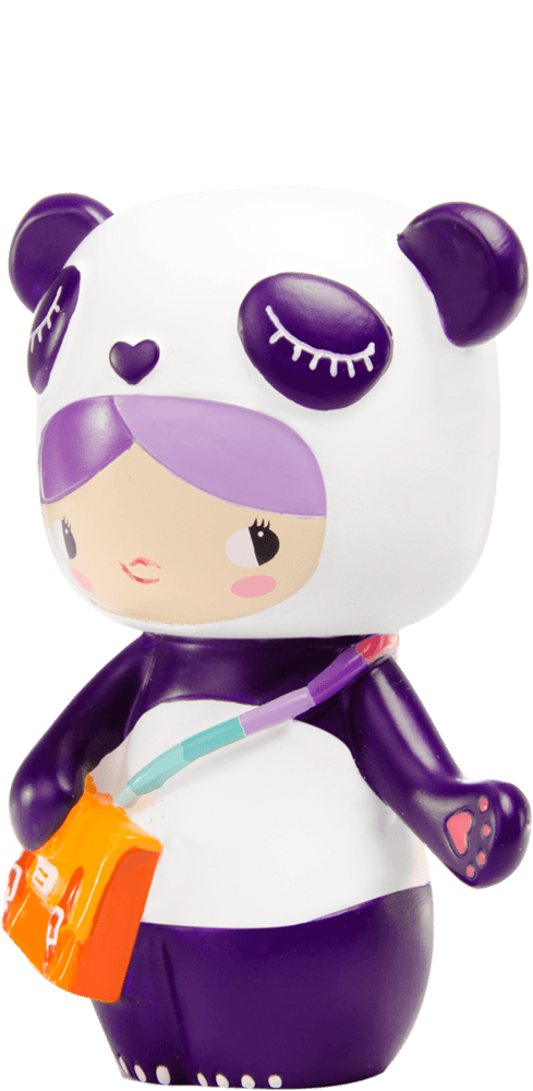 BFF Buddy Momiji doll with purple hair, panda hoodie, purple arms, and orange satchel on a white background. — Momiji doll