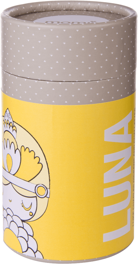 Luna Momiji doll: yellow cylindrical container, polka dot lid, kawaii character face, secret message inside. — Momiji doll