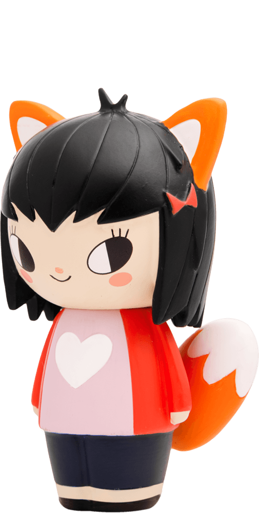 Vixen Momiji doll: kawaii fox girl with black hair, fox ears, red tail, and heart shirt; collectible with secret message inside. — Momiji doll