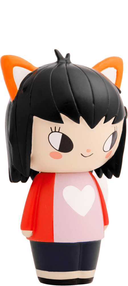Vixen Momiji doll with cat ears, black hair, a red-pink outfit, and a white heart detail; kawaii collectible character. — Momiji doll