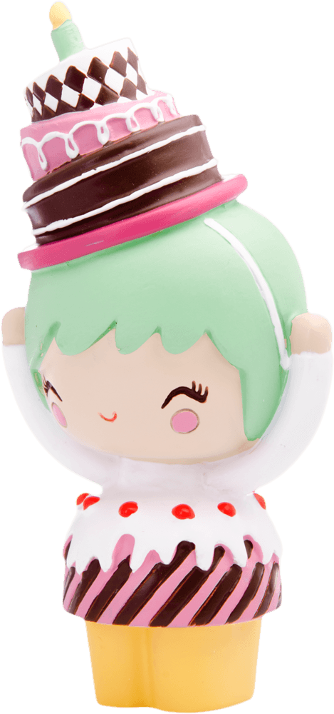 Birthday Girl Momiji doll with green hair, big smile, cake-shaped hat, and cupcake-themed dress. Kawaii collectible. — Momiji doll
