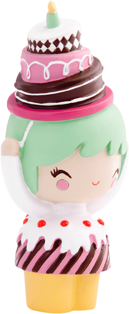Birthday Girl Momiji doll with green hair, a smiling face, and a cake hat; collectible vinyl doll with a hidden message inside. — Momiji doll