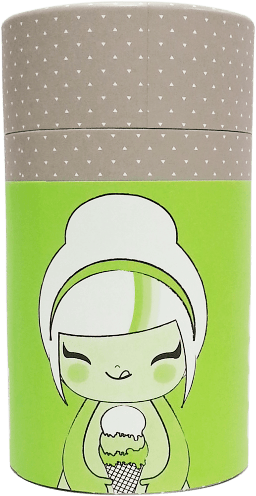 Best Friends Momiji doll cylindrical container shows a girl holding ice cream; green and brown with dotted top, kawaii style. — Momiji doll