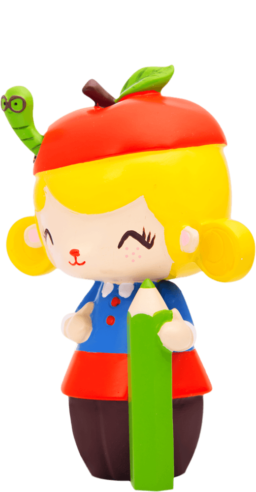 Doodles Momiji doll with yellow hair, red apple hat, green worm, and big green pencil; kawaii collectible character style. — Momiji doll