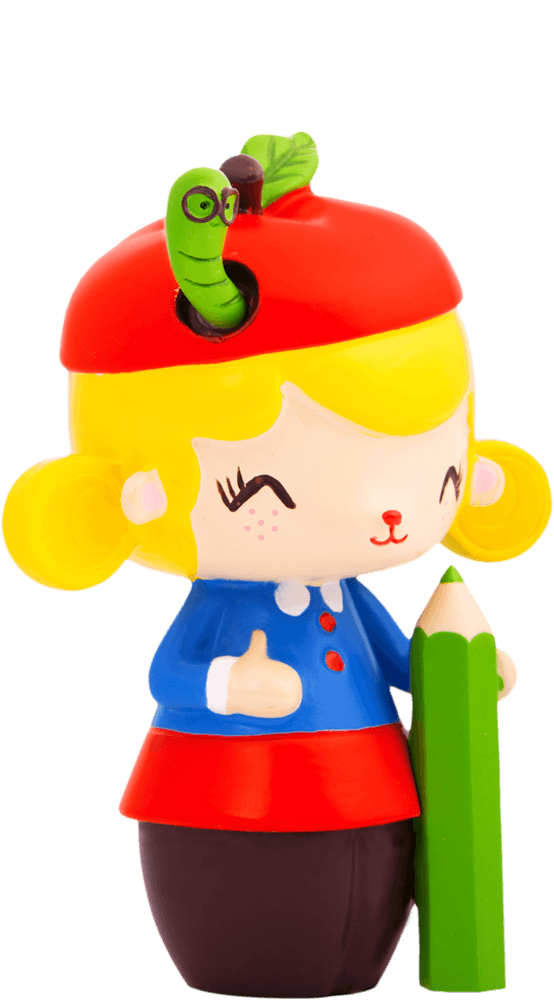 Doodles Momiji doll in a red beret, with a green worm, big green pencil, and giving a thumbs up. — Momiji doll