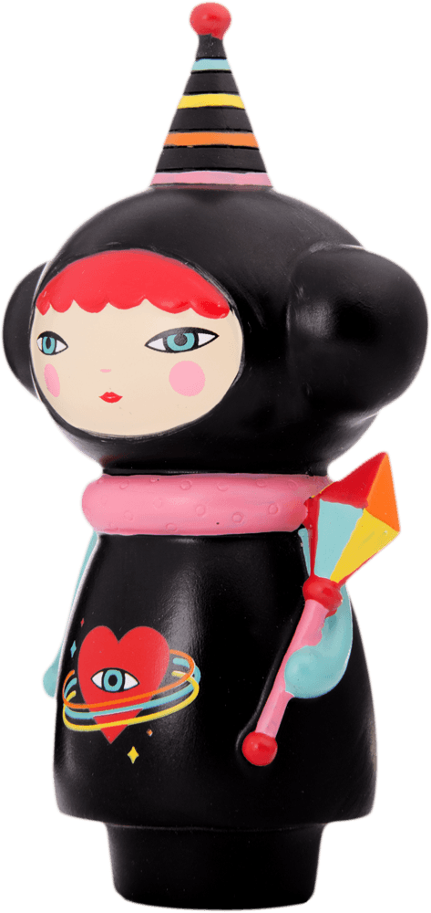 Kouki Momiji doll with red hair, black outfit, striped hat, and a colorful wand; sweet collectible from Tokyo-inspired range. — Momiji doll