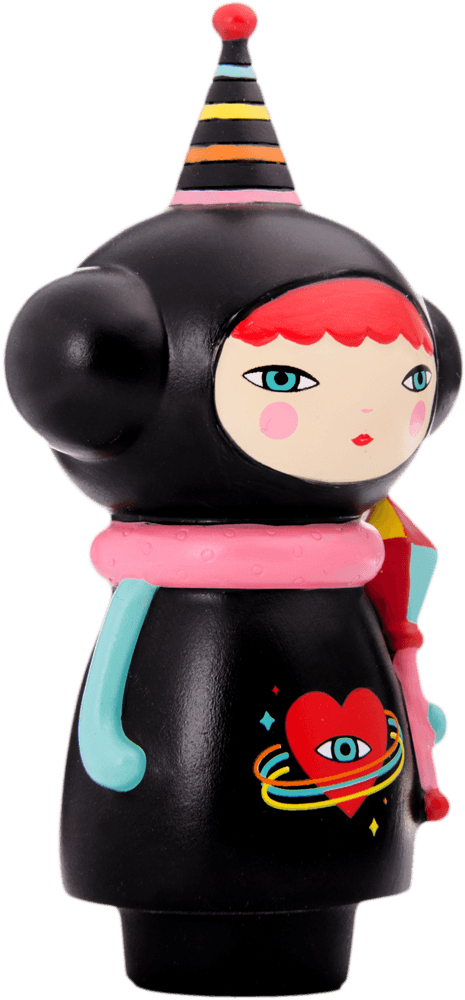 Kouki Momiji doll: red hair, black outfit, party hat, and pink heart-eye motif on its chest. Collectible vinyl character. — Momiji doll