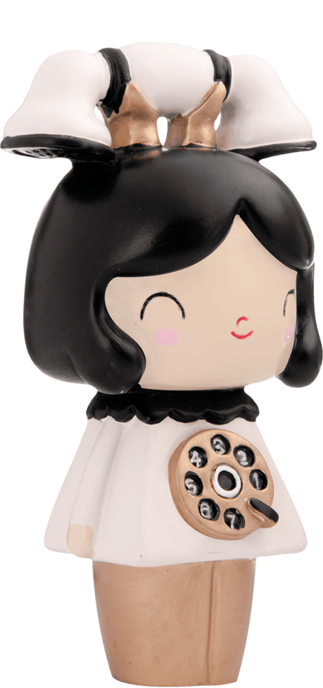 Chatty Momiji doll with a rotary dial design on her dress, vintage phone hat, and sweet smile. Hidden message inside. — Momiji doll