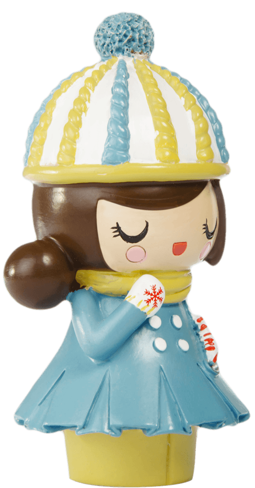 Winter Wonderland Momiji doll wearing a blue coat, yellow scarf, striped hat, and snowflake mittens. Collectible character doll. — Momiji doll
