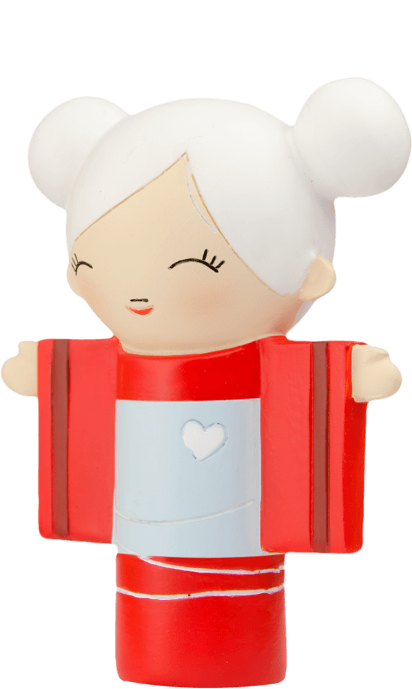 Blanche Momiji doll with white hair, a red heart on its chest, and arms stretched wide, inspired by Tokyo street style. — Momiji doll