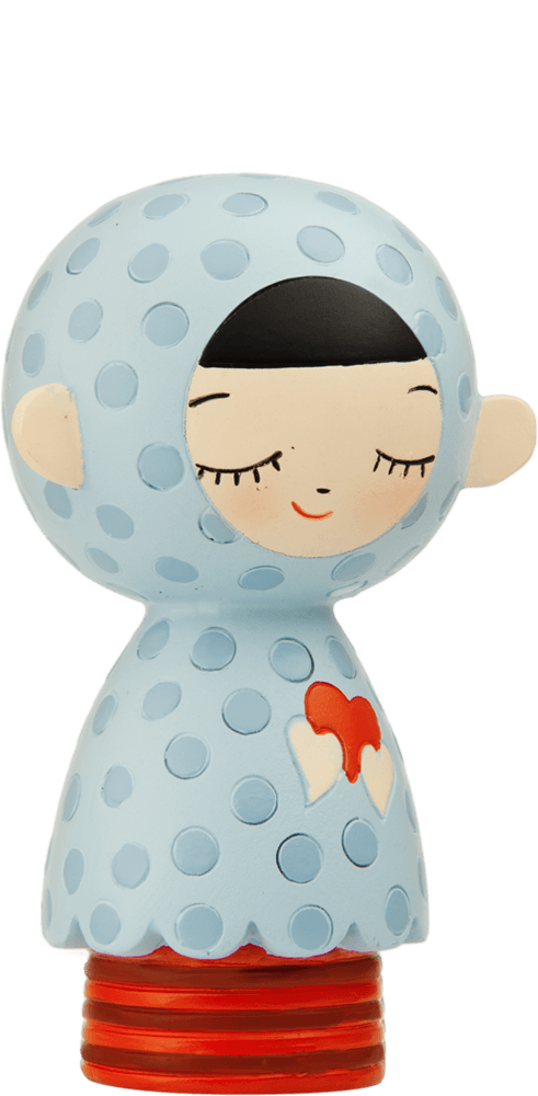 Douce Momiji doll with a blue polka-dot hood, closed eyes, and a red heart detail. Secret message hidden inside. — Momiji doll