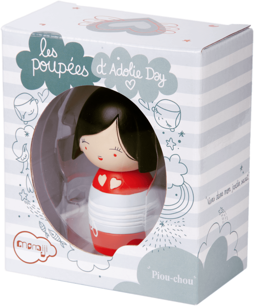 Boxed Piou Chou Momiji doll with black hair, red dress and heart details—a kawaii collectible by les poupées d’Adolie Day. — Momiji doll