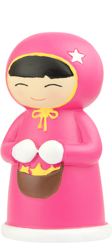 Twinkle Momiji doll in pink with a star-shaped hood, smiling with closed eyes and holding a brown basket. Collectible character. — Momiji doll