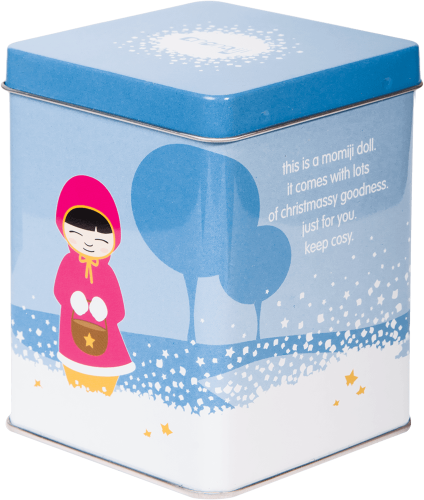 Twinkle Momiji doll in a pink hood, displayed with blue and white tin—festive collectible with hidden message. — Momiji doll