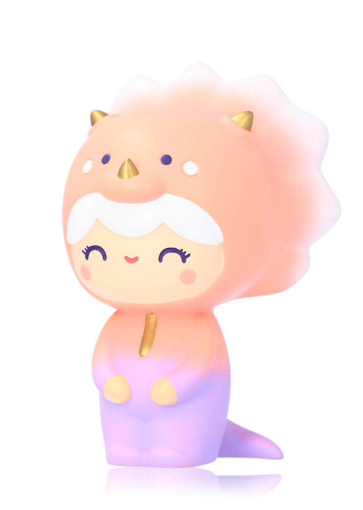 Roarsome Momiji doll, 13cm, with white hair in a pink-orange dino suit; kawaii collectible and secret message inside. — Momiji doll