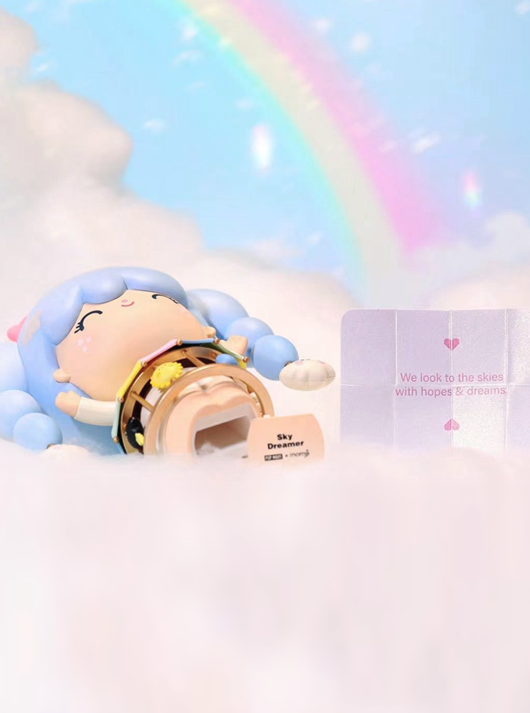 Sky Dreamer Momiji doll with blue hair lies on clouds, near a rainbow and a wish card for hopes & dreams. — Momiji doll