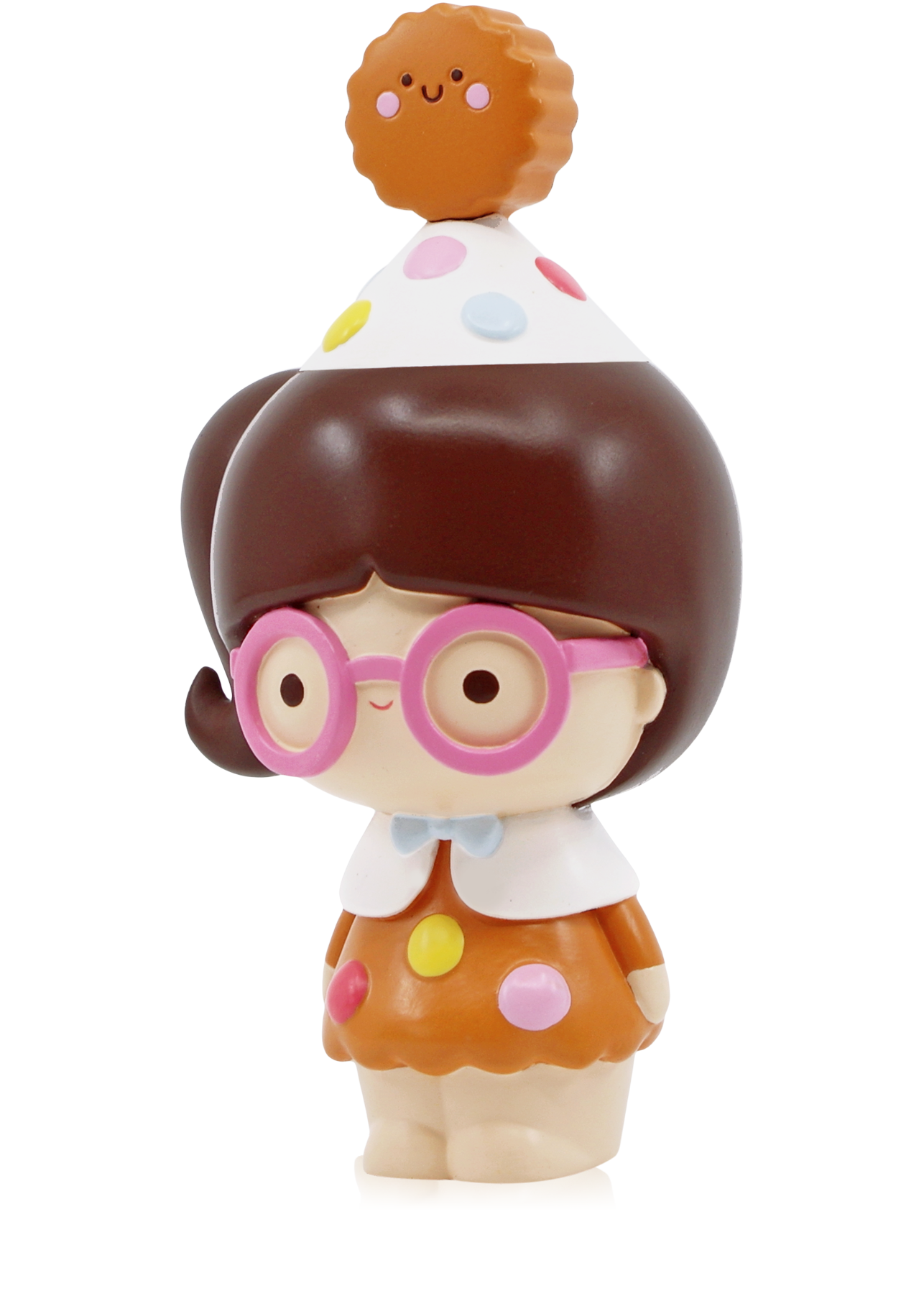 Smart Cookie Momiji doll with big pink glasses, cookie party hat, and bright polka dots. Hides a secret message inside. — Momiji doll