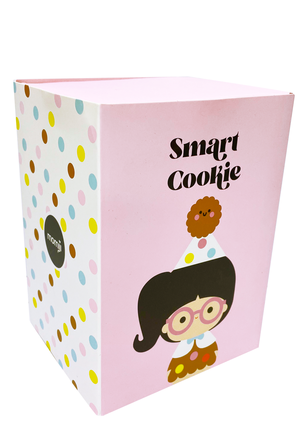 Pink polka dot box labeled Smart Cookie with a kawaii Momiji doll in glasses and a cookie hat, inspired by street culture. — Momiji doll