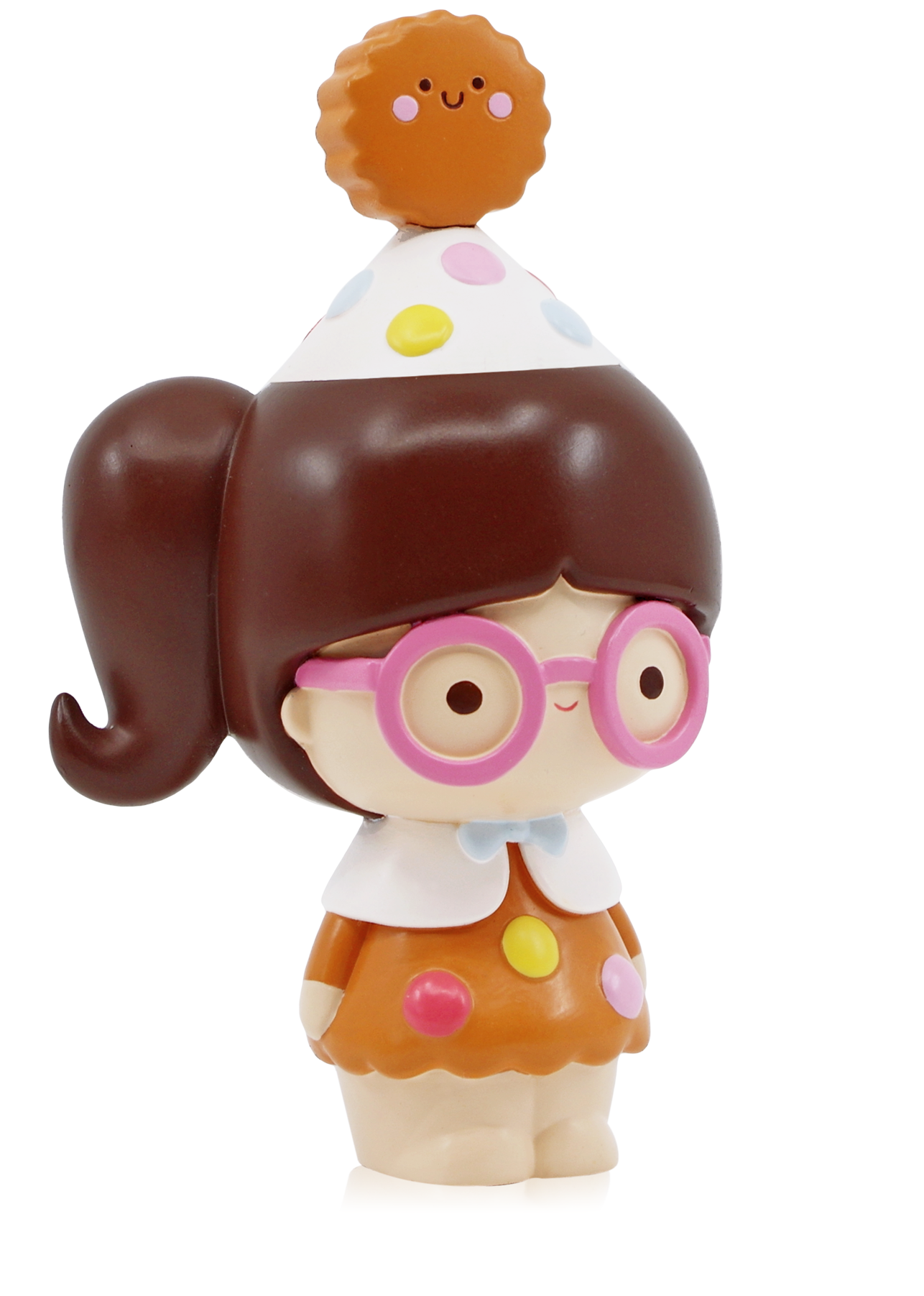 Smart Cookie Momiji doll with brown hair, pink glasses, polka-dot dress, and a party hat topped with a smiling cookie detail. — Momiji doll