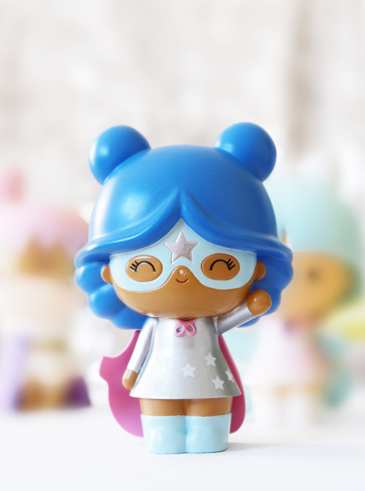 Super You Momiji doll with blue hair, star mask, and silver superhero suit, smiling and raising one hand. — Momiji doll