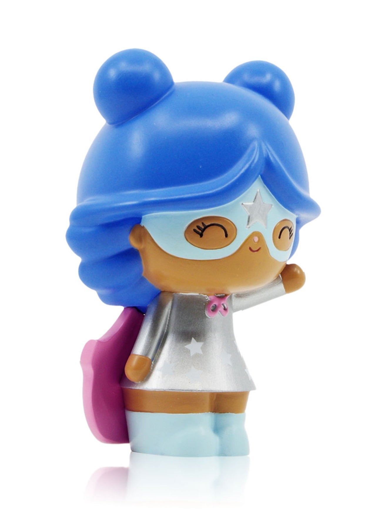 Super You Momiji doll in a shiny silver superhero suit, blue hair, and mask; collectible vinyl figure with secret message inside. — Momiji doll