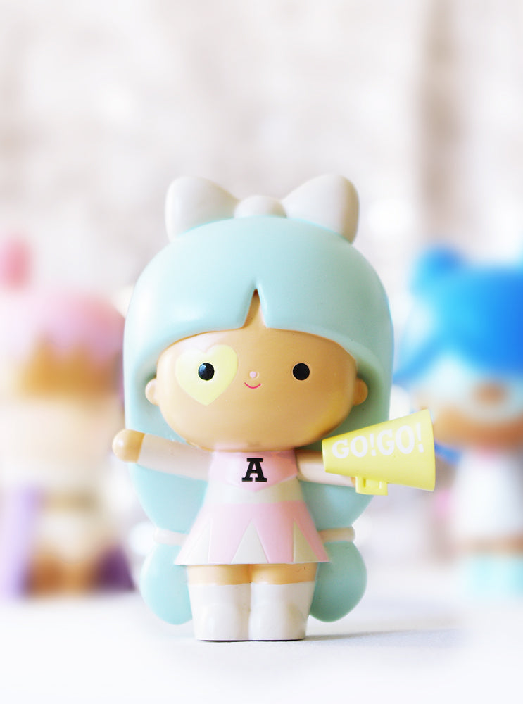 Courageous You Momiji doll with blue hair, white bow, pink dress, and yellow "GO! GO!" megaphone—hides a secret message inside. — Momiji doll