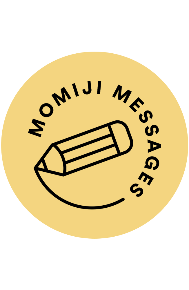 A yellow circle with a pencil drawing and "Add your handwritten message - UK hub only" curved around a Momiji doll. — Momiji doll