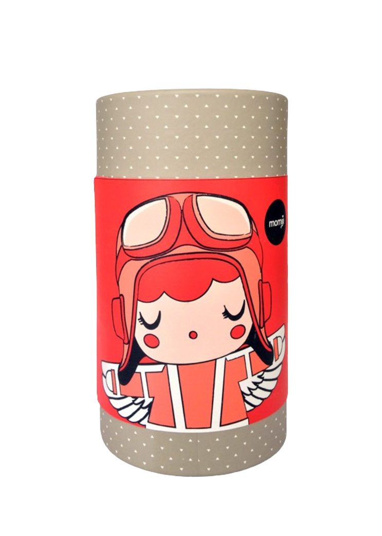 Adventure Momiji doll aviator girl with goggles, helmet, in a cylindrical box with beige polka dot lid and base. — Momiji doll