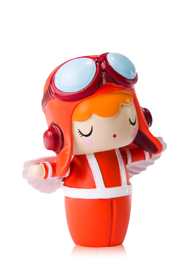 Momiji doll "Adventure" in red aviator outfit, goggles, wings, and closed eyes on a white background; kawaii collectible character. — Momiji doll