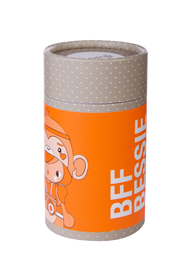 Cylindrical polka dot gift box, cartoon bear, “BFF Bessie” text, collectible Momiji doll design with secret message inside. — Momiji doll